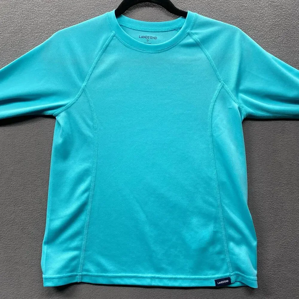 Lands End Swim Rash‎ Guard Kids XL Blue Thumb Holes Long Sleeve Pool Beach